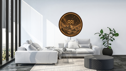 Aquarius Zodiac Wall Art with LED Light, Astrology Decor, Round Wooden Frame Lamp