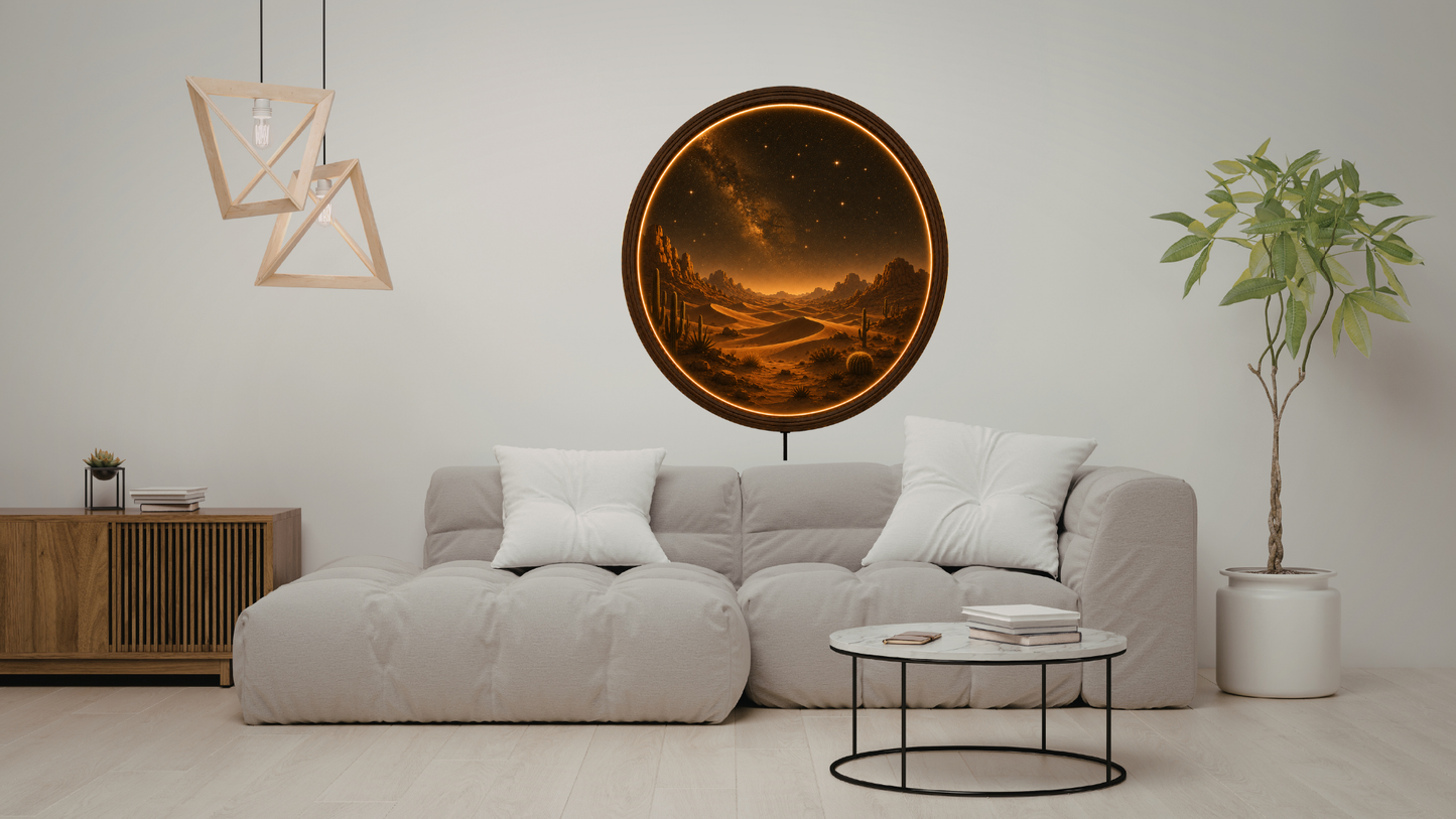 Desert LED Wall Decor, Round Wooden Frame Light, Warm Ambient Landscape Art