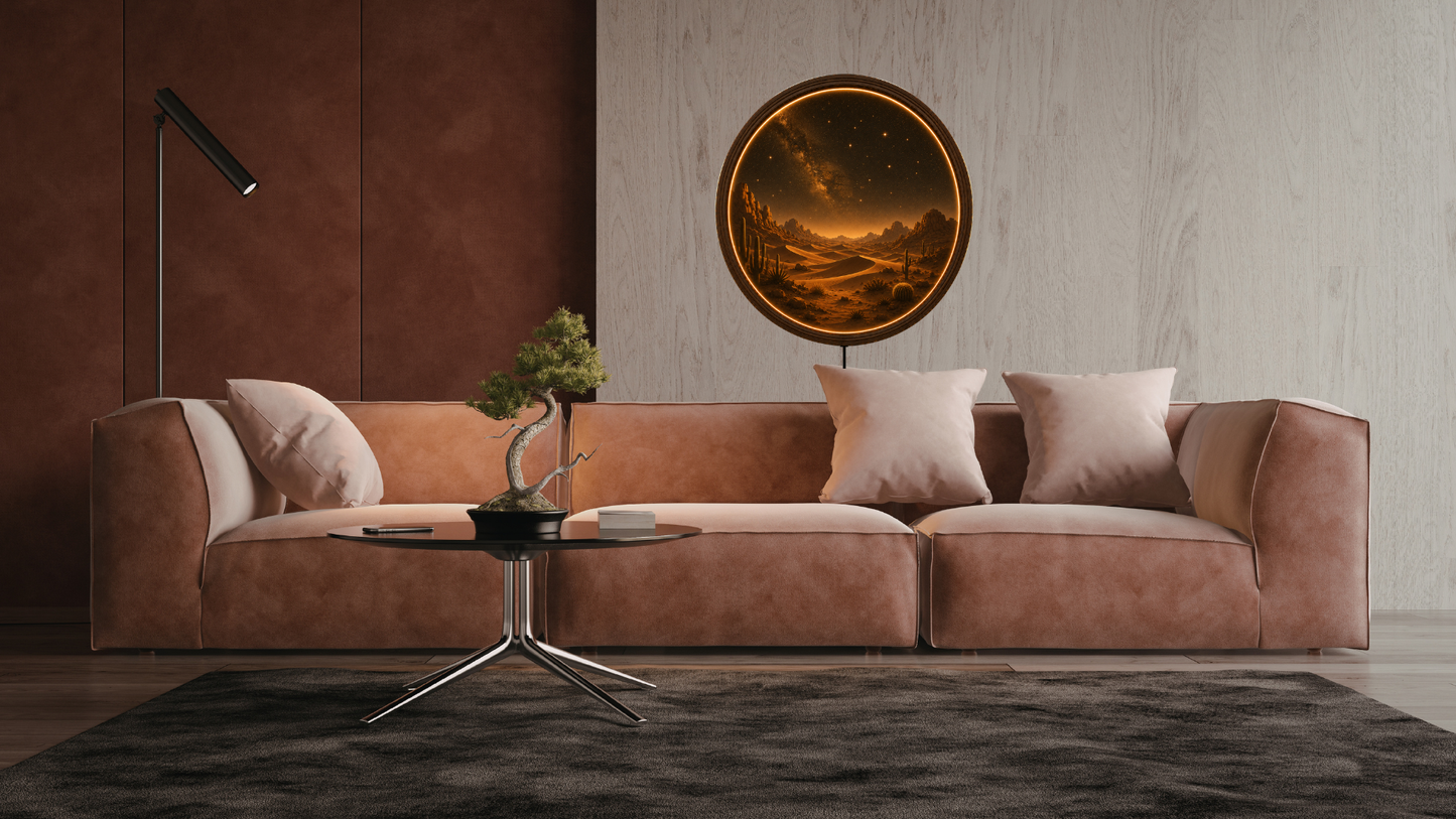 Desert LED Wall Decor, Round Wooden Frame Light, Warm Ambient Landscape Art