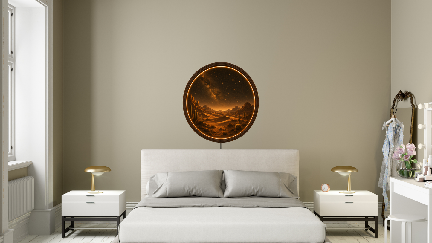 Desert LED Wall Decor, Round Wooden Frame Light, Warm Ambient Landscape Art
