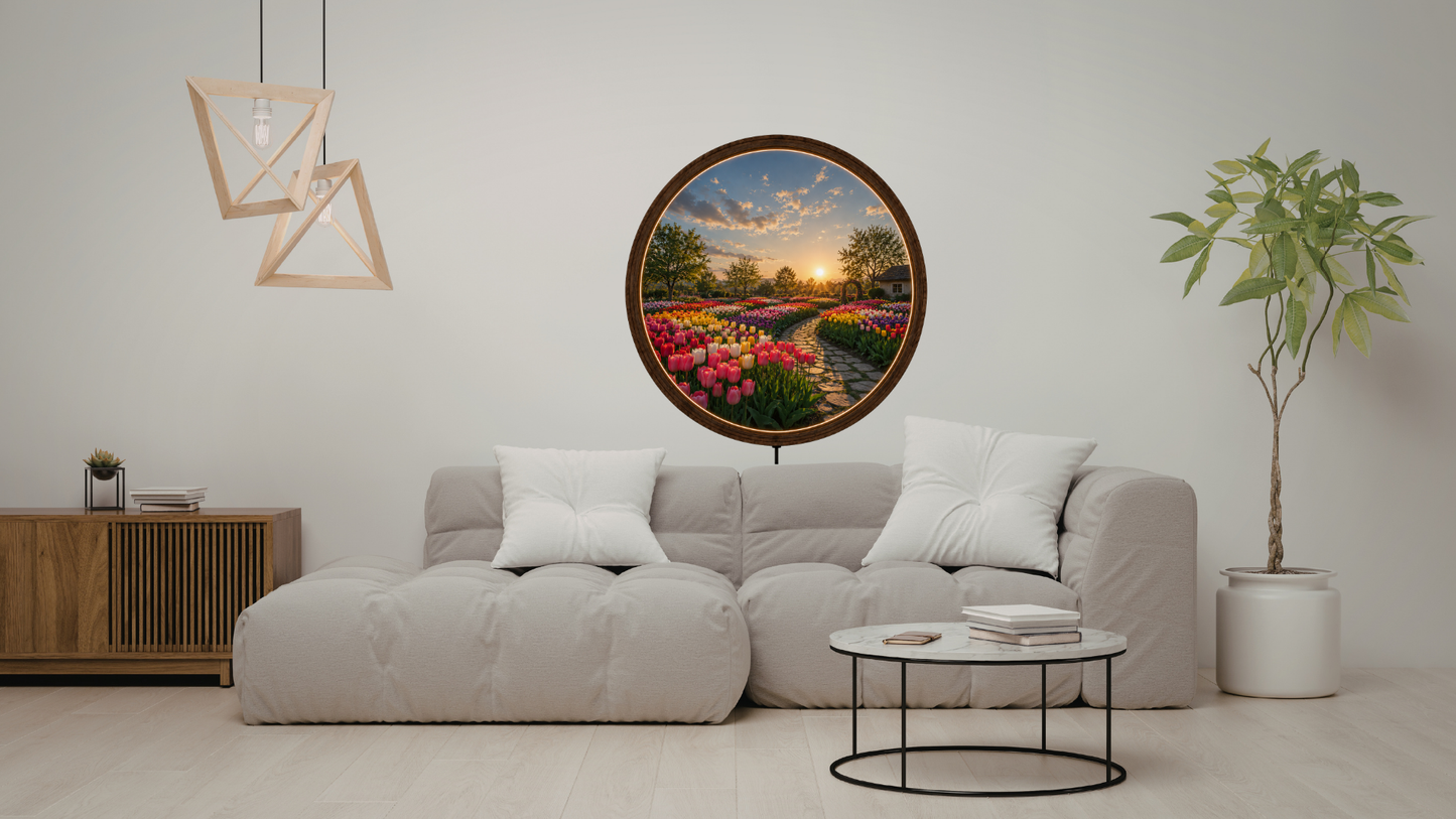 Tulip Garden LED Wall Art, Round Wooden Frame Light, Sunset Flower Landscape Decor