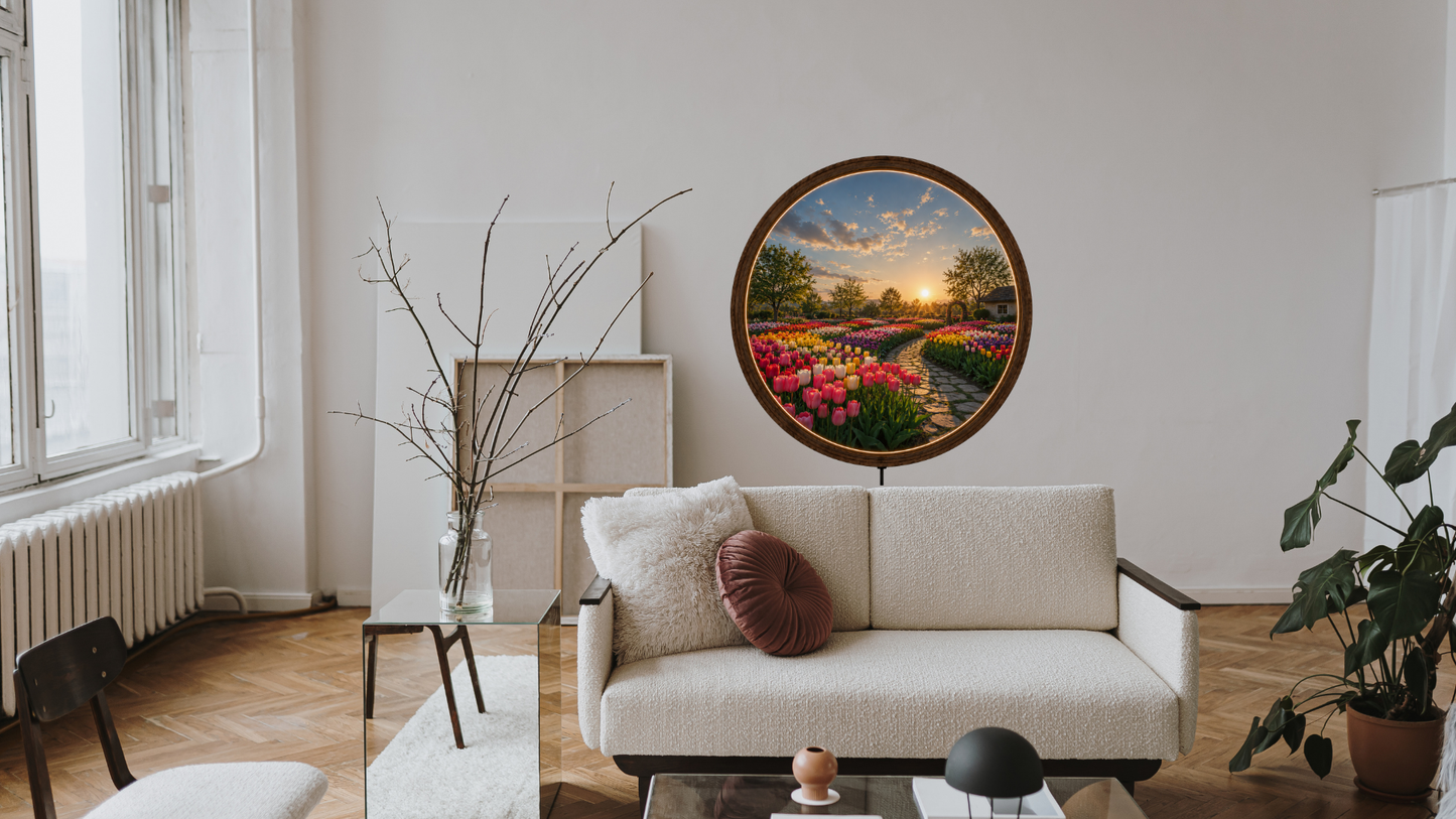 Tulip Garden LED Wall Art, Round Wooden Frame Light, Sunset Flower Landscape Decor