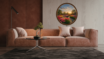 Tulip Garden LED Wall Art, Round Wooden Frame Light, Sunset Flower Landscape Decor
