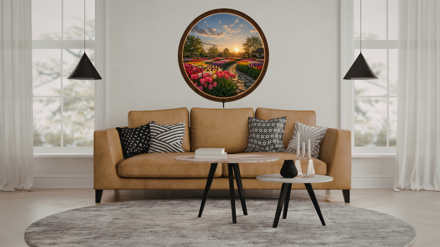 Tulip Garden LED Wall Art, Round Wooden Frame Light, Sunset Flower Landscape Decor