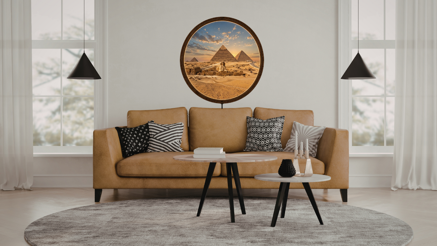 Egypt Pyramid LED Wall Art, Round Wooden Frame Light, Ancient Desert Landscape Decor