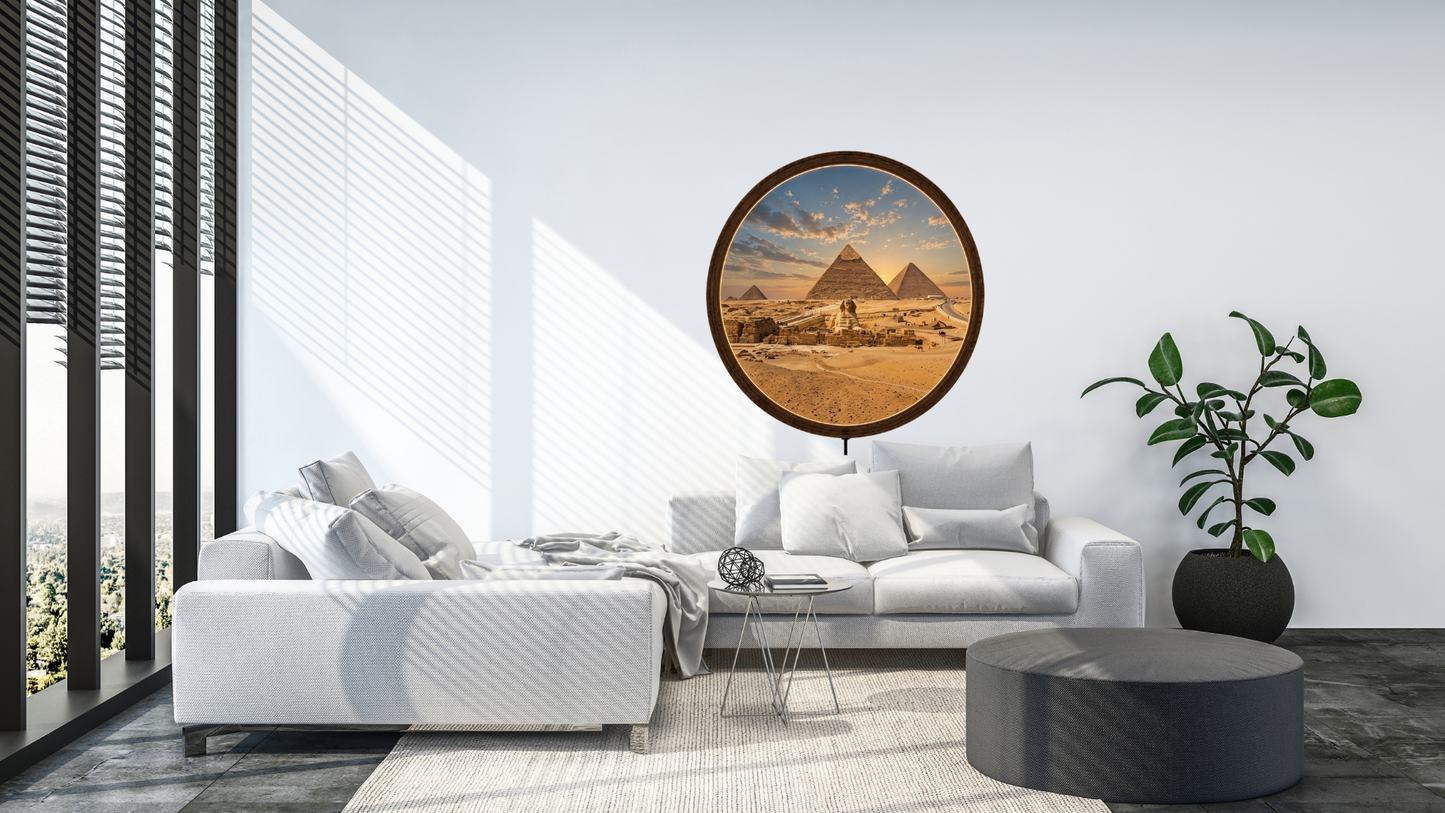 Egypt Pyramid LED Wall Art, Round Wooden Frame Light, Ancient Desert Landscape Decor
