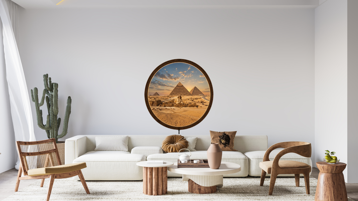 Egypt Pyramid LED Wall Art, Round Wooden Frame Light, Ancient Desert Landscape Decor