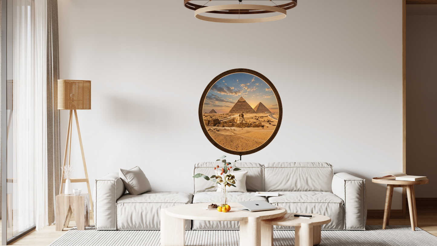 Egypt Pyramid LED Wall Art, Round Wooden Frame Light, Ancient Desert Landscape Decor