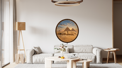 Egypt Pyramid LED Wall Art, Round Wooden Frame Light, Ancient Desert Landscape Decor