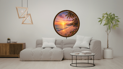 Tropical Beach LED Wall Art, Round Wooden Frame Light, Sunset Ocean Decor
