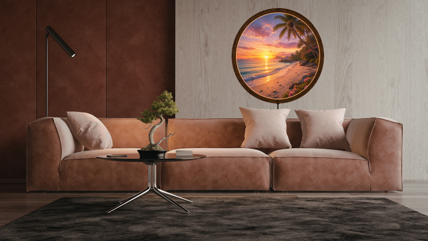 Tropical Beach LED Wall Art, Round Wooden Frame Light, Sunset Ocean Decor