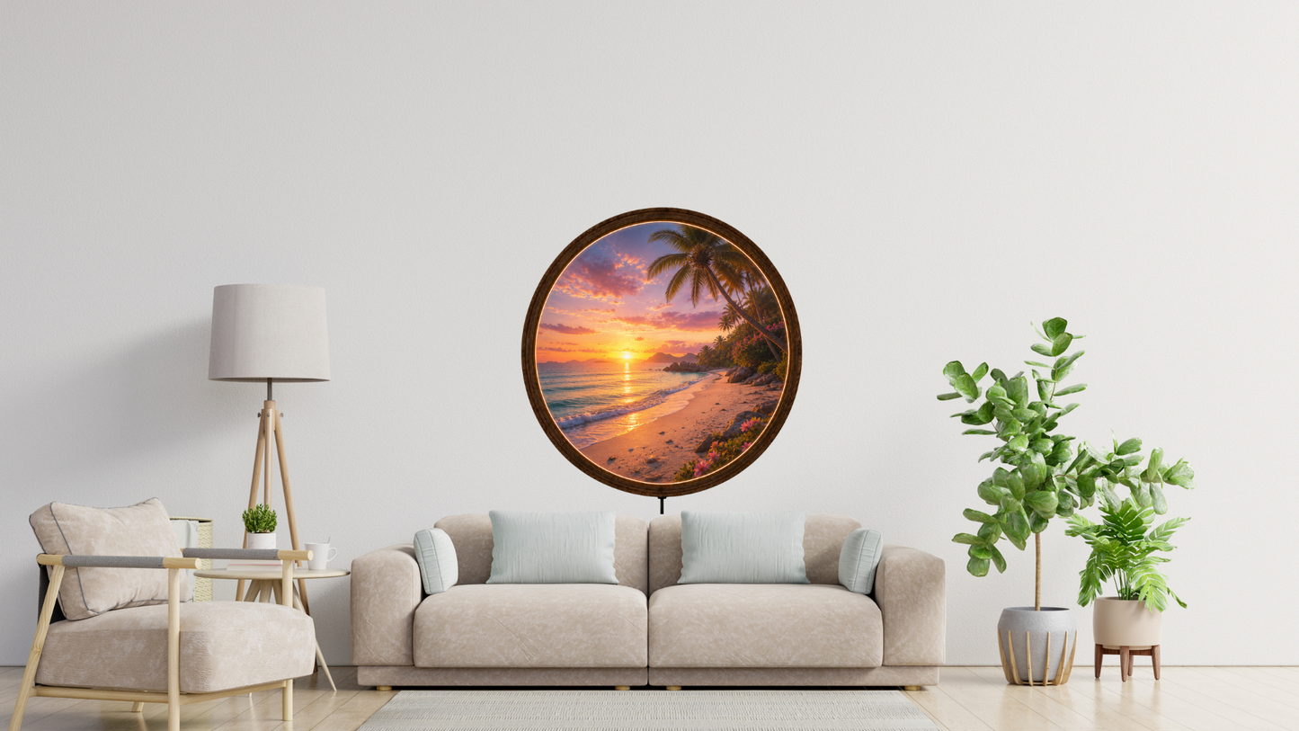 Tropical Beach LED Wall Art, Round Wooden Frame Light, Sunset Ocean Decor
