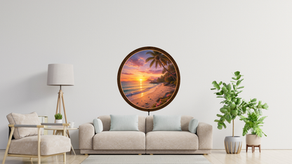 Tropical Beach LED Wall Art, Round Wooden Frame Light, Sunset Ocean Decor