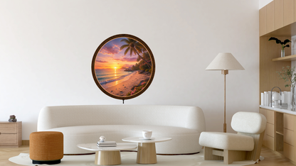 Tropical Beach LED Wall Art, Round Wooden Frame Light, Sunset Ocean Decor