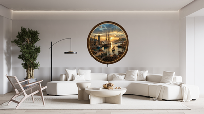 Harbor Sunset LED Wall Decor, Round Coastal Wooden Frame Light, Nautical Wall Art