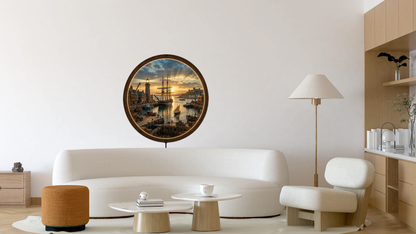 Harbor Sunset LED Wall Decor, Round Coastal Wooden Frame Light, Nautical Wall Art