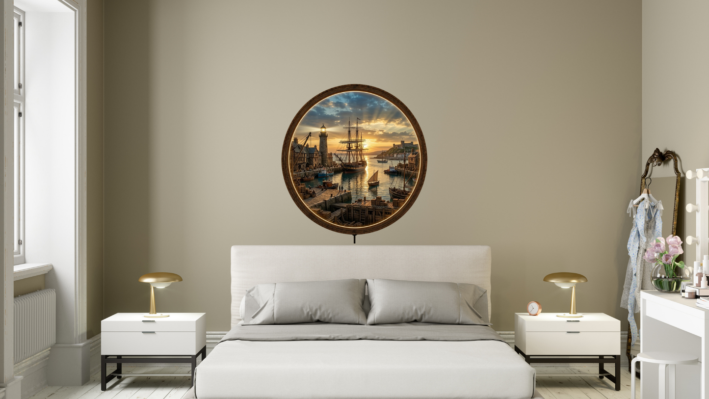 Harbor Sunset LED Wall Decor, Round Coastal Wooden Frame Light, Nautical Wall Art
