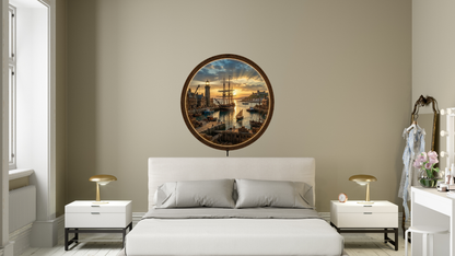 Harbor Sunset LED Wall Decor, Round Coastal Wooden Frame Light, Nautical Wall Art