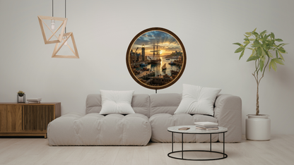 Harbor Sunset LED Wall Decor, Round Coastal Wooden Frame Light, Nautical Wall Art