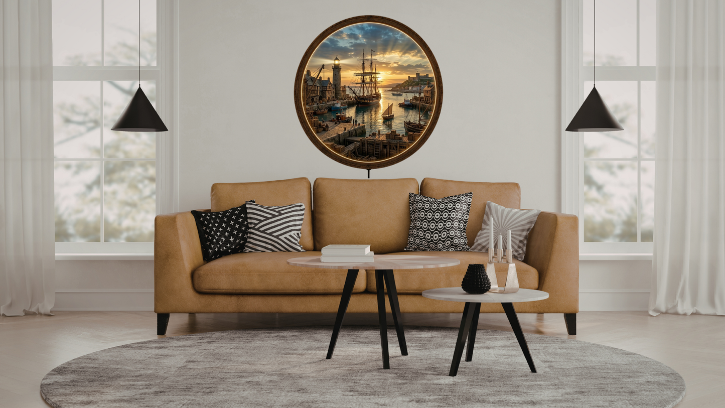 Harbor Sunset LED Wall Decor, Round Coastal Wooden Frame Light, Nautical Wall Art