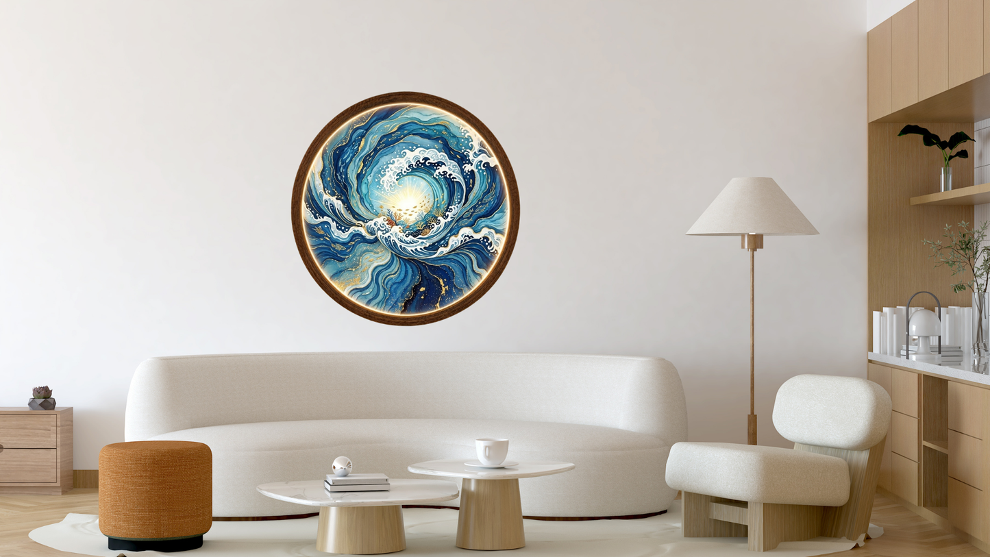 Ocean Wave LED Wall Art, Round Coastal Wooden Frame Light, Blue Sea Decor
