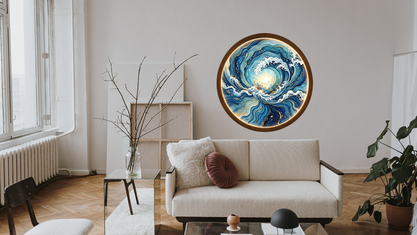 Ocean Wave LED Wall Art, Round Coastal Wooden Frame Light, Blue Sea Decor