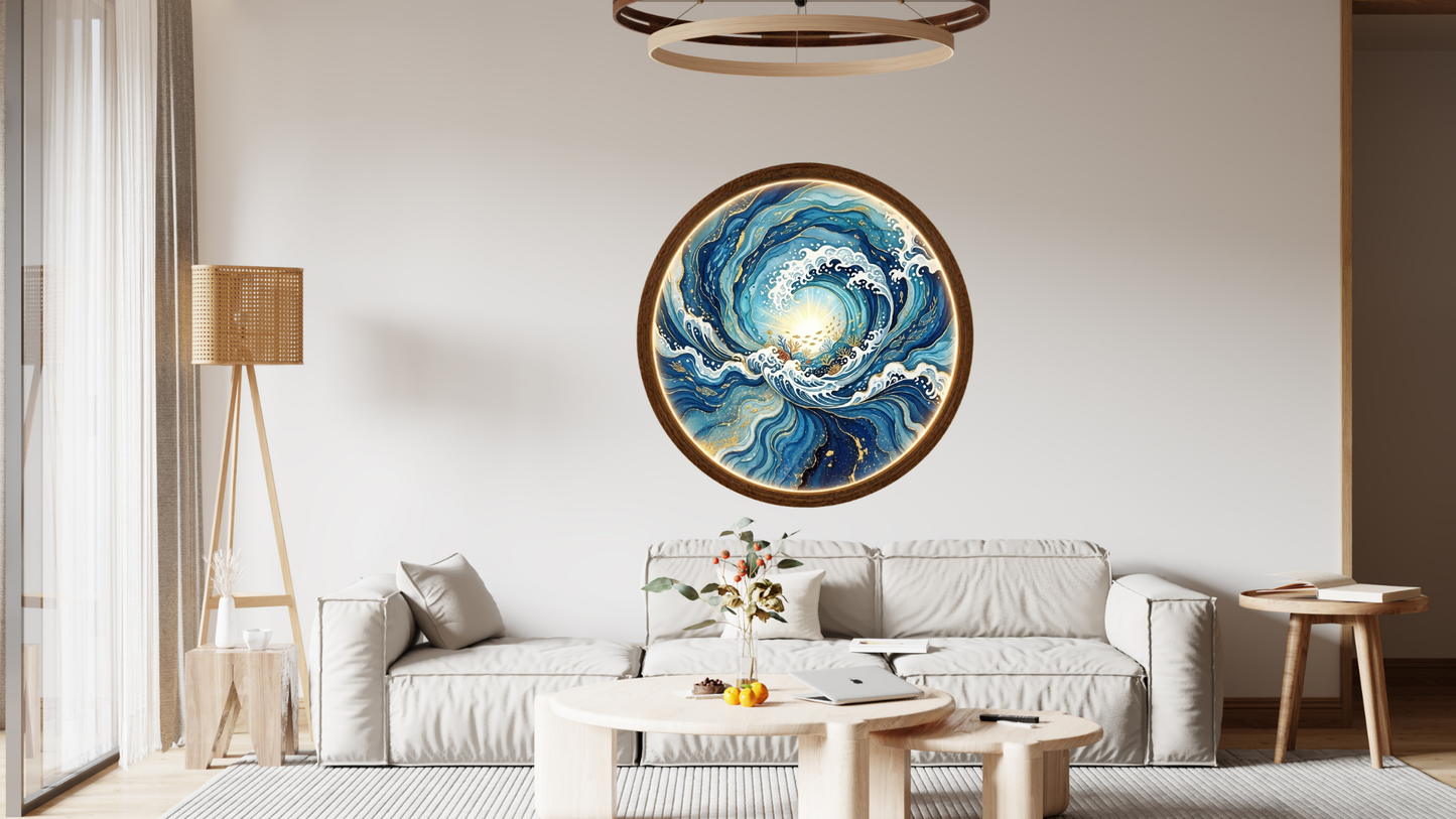 Ocean Wave LED Wall Art, Round Coastal Wooden Frame Light, Blue Sea Decor