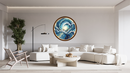 Ocean Wave LED Wall Art, Round Coastal Wooden Frame Light, Blue Sea Decor