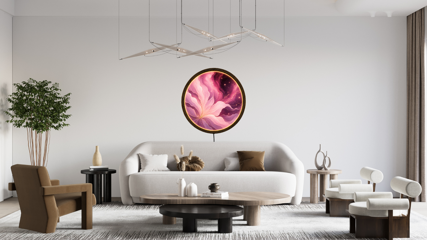Pink Purple LED Wall Decor, Round Wooden Frame Light, Abstract Wall Art