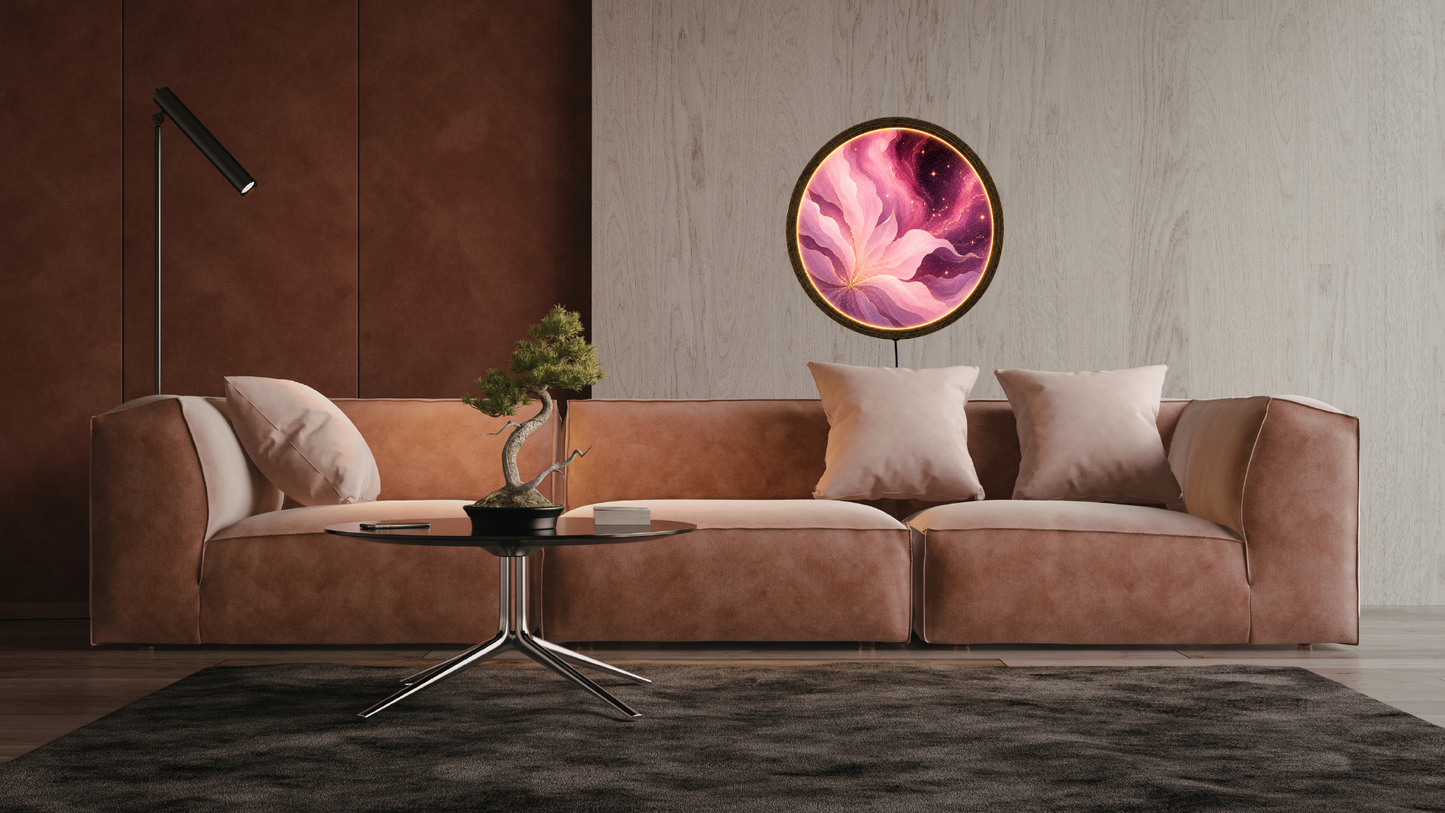 Pink Purple LED Wall Decor, Round Wooden Frame Light, Abstract Wall Art