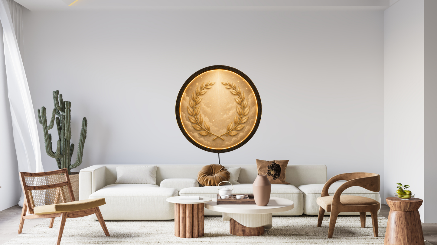 Laurel Wreath LED Wall Decor, Round Wooden Frame Light, Roman Inspired Wall Art