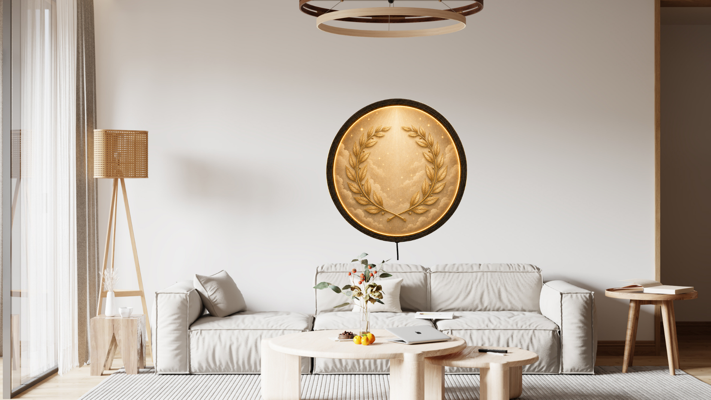 Laurel Wreath LED Wall Decor, Round Wooden Frame Light, Roman Inspired Wall Art