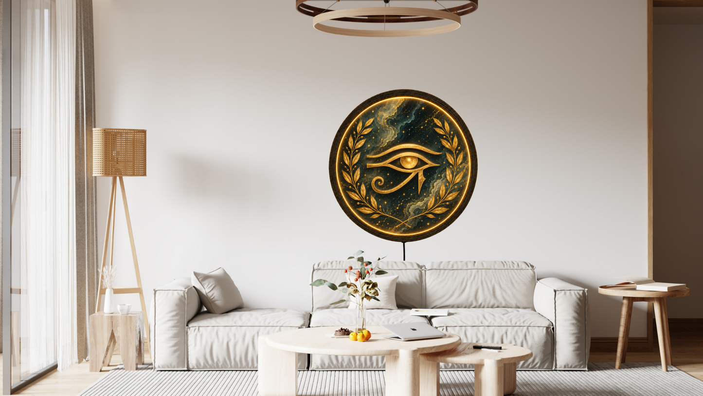 Eye of Horus LED Wall Decor, Round Wooden Frame Light, Egyptian Wall Art