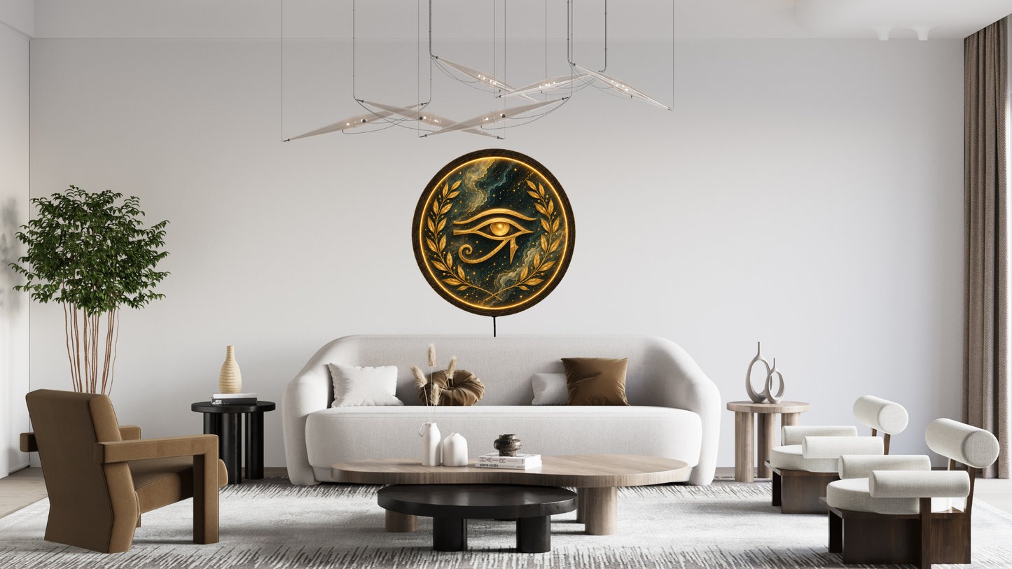 Eye of Horus LED Wall Decor, Round Wooden Frame Light, Egyptian Wall Art